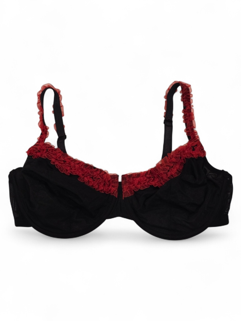 Cacique Black Bra with Red Ruffle Trim 44DD NWT
